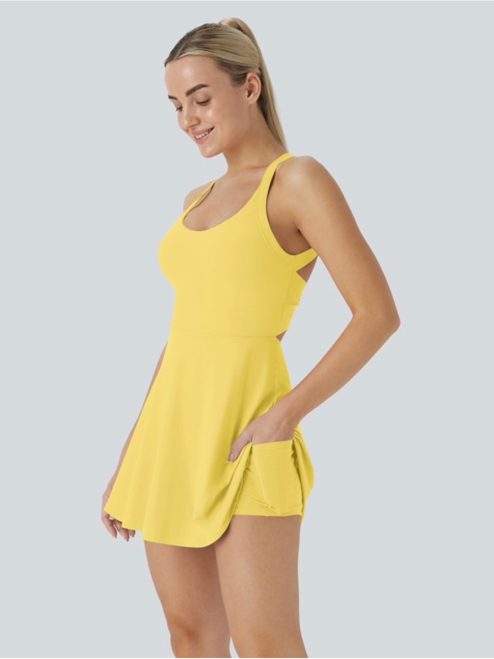 HALARA-Yellow Athletic Tennis Dress with Built-In Shorts and Shelf Bra